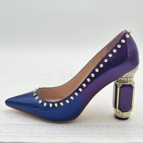 FSJ purple Rivets Bridal Pointed Toe Chunky High Heel Crystal Pumps Dress Shoes - Picture 2 of 8